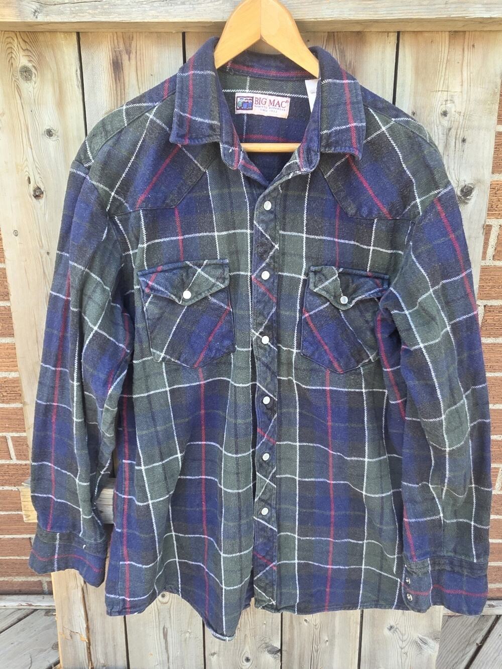 VTG Big Mac Mens Flannel Shirt Pearl Snap Heavy 100% Cotton Size Large Tall LT